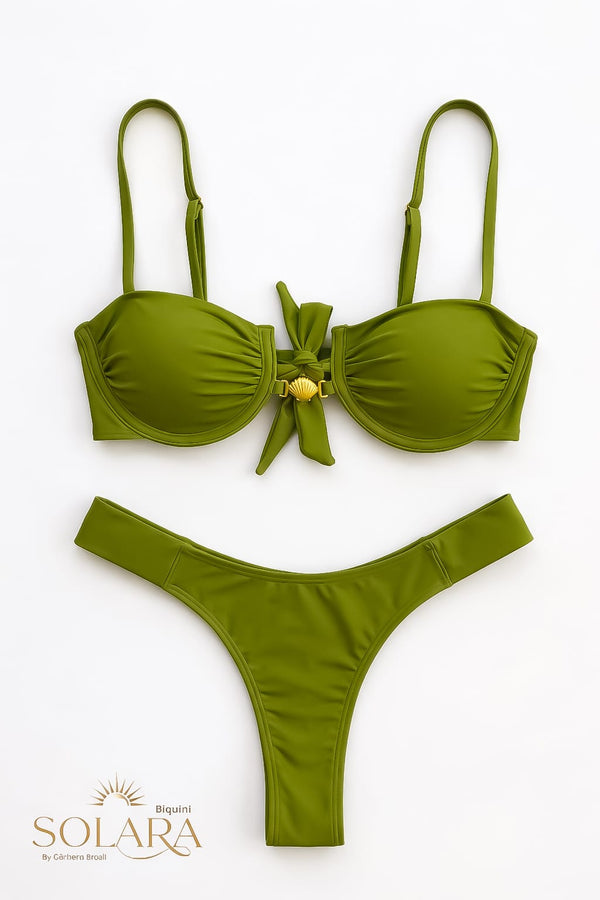 Women's Olive Green Padded Bikini Set with Bow Detail-SOLARA