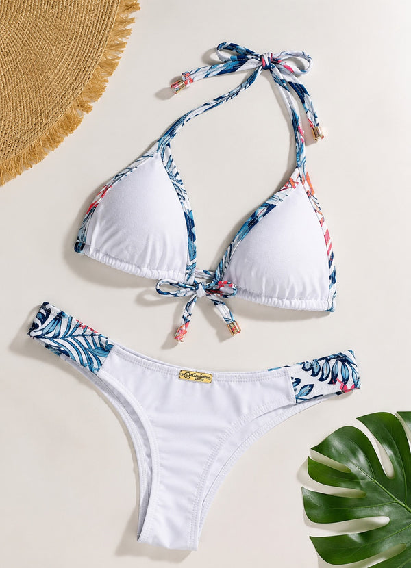 Women's White Triangle Bikini with Tropical Print – Summer Beach Set. Brazilian Style