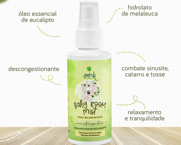 Baby Room Mist Spray Reconfortante Aromaterapêutico com Hidrolato de Melaleuca e Óleo Essencial de Eucalipto