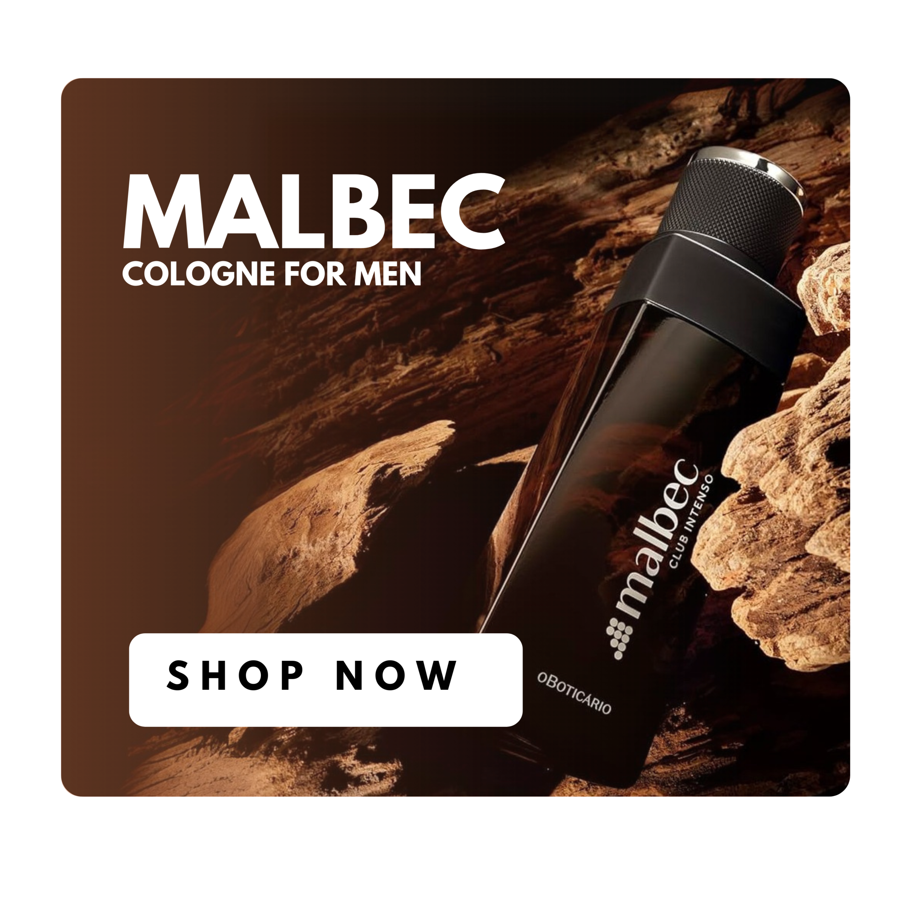 Malbec cologne for men packaging with a 'Shop Now' button on a white background