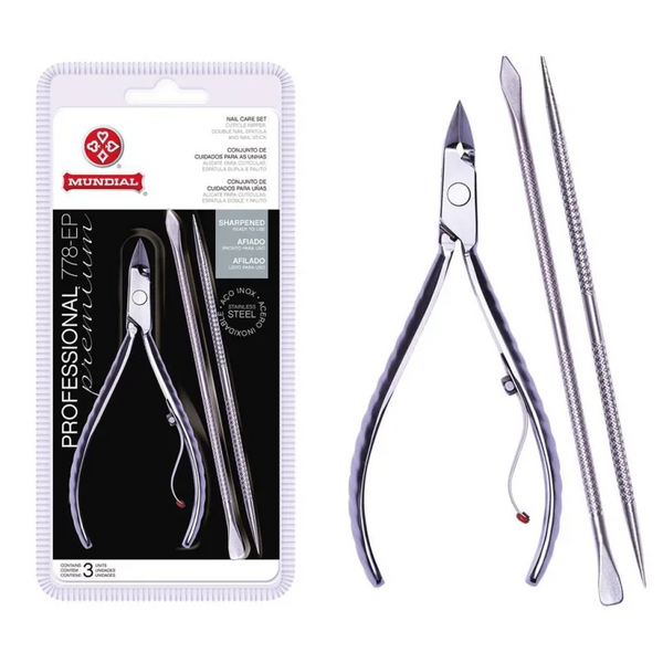 Kit Alicate Mundial 778 - EP c/ Espátula e Palito de Unha inox Profissional